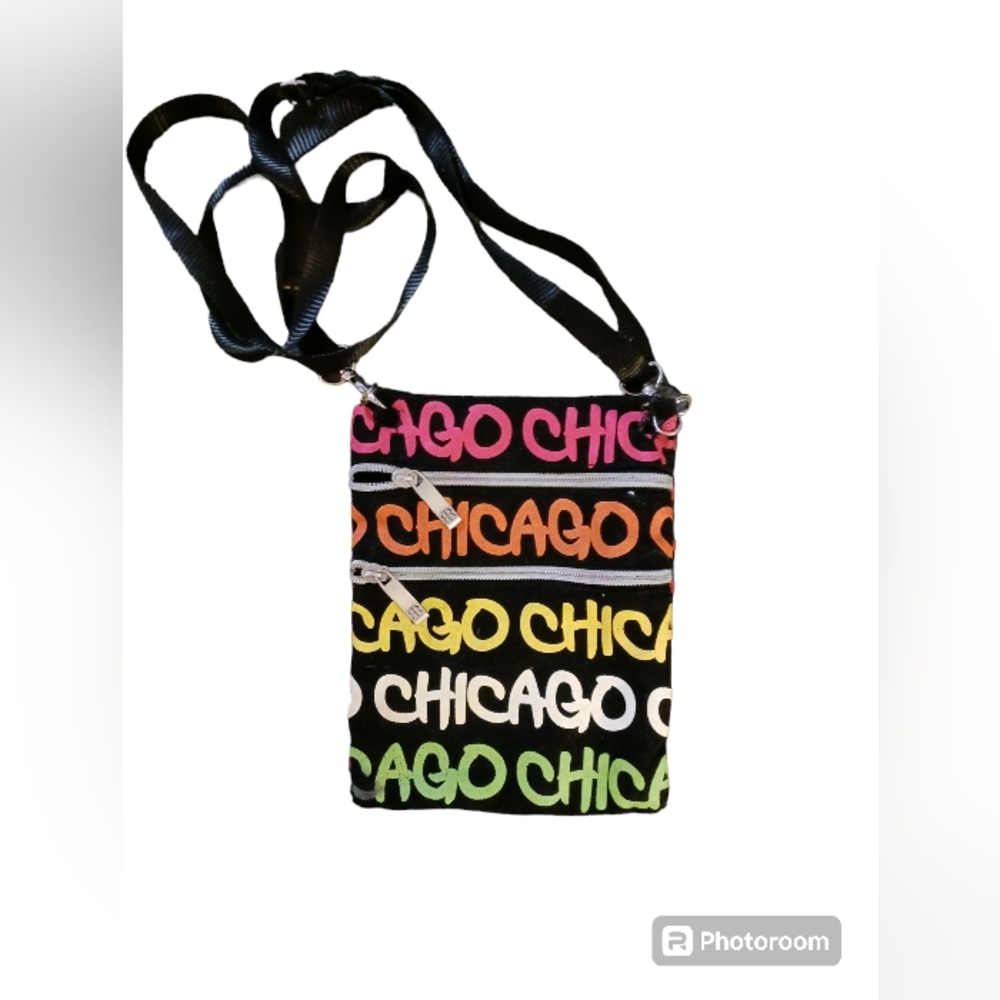 Robin Ruth crossbody. Chicago print in vivid green, white, orange, yellow & pink
